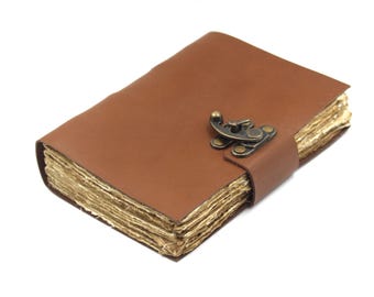 Handmade Leather Journal with Vintage Lock, Rustic Deckle Edge Paper Diary