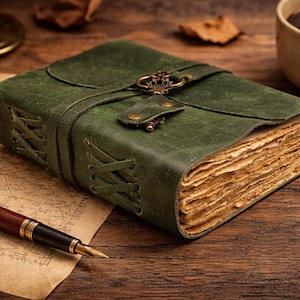 May include: A green leather journal with a decorative clasp and stitched edges. The journal is closed with a leather strap. A pen, compass, and a cup of coffee are nearby on a wooden surface.