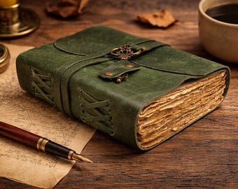 Handmade Green Leather Journal with Lock and Key – Antique Diary, Rustic Travel Notebook