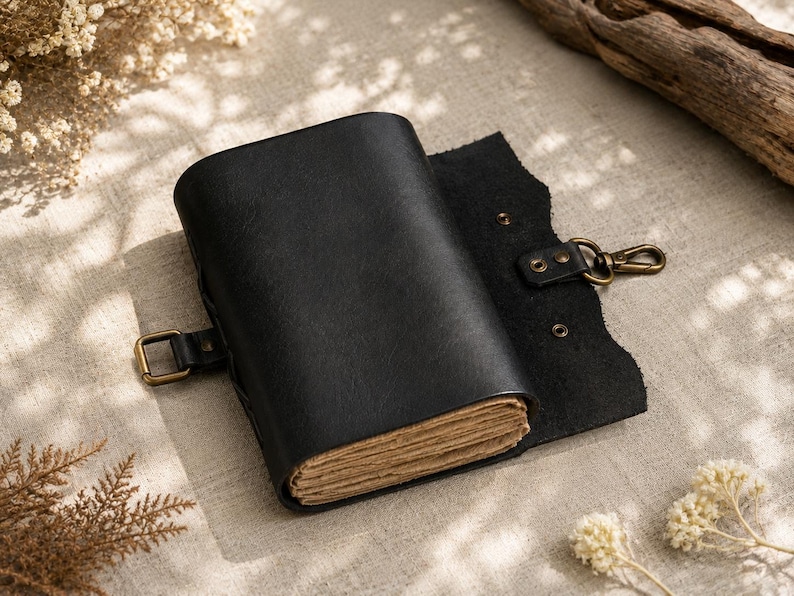 May include: A black leather journal with a brass buckle closure and a matching clasp. The journal is open, revealing aged, cream-colored pages. The cover is textured, and the journal is lying on a neutral-toned surface.