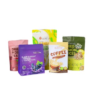 Peut inclure: Plusieurs sachets color&eacute;s contenant divers produits. Les sachets comprennent "Dried Rose Tea", "Mango Plon", "Black Currant Reduced L-Glutathione", "Coffee Powder Drink Mix" et "Dried Lemon Ices". Les sachets sont roses, jaunes, violets, beiges et verts.