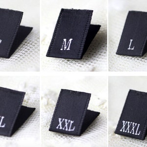 100 Clothing size tabs, satin size labels, Satin woven size labels, Woven size tags, Size tabs, Clothing size tags