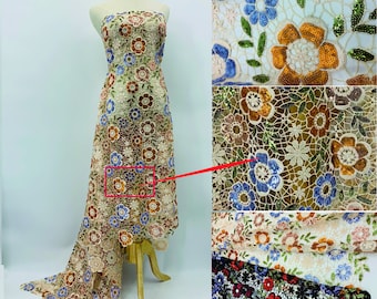 Lace fabric by the yard, Multi-color floral sequin fabric, Colorful Floral Embroidery Lace Fabric, Embroidery Fabric meeting gown fabric