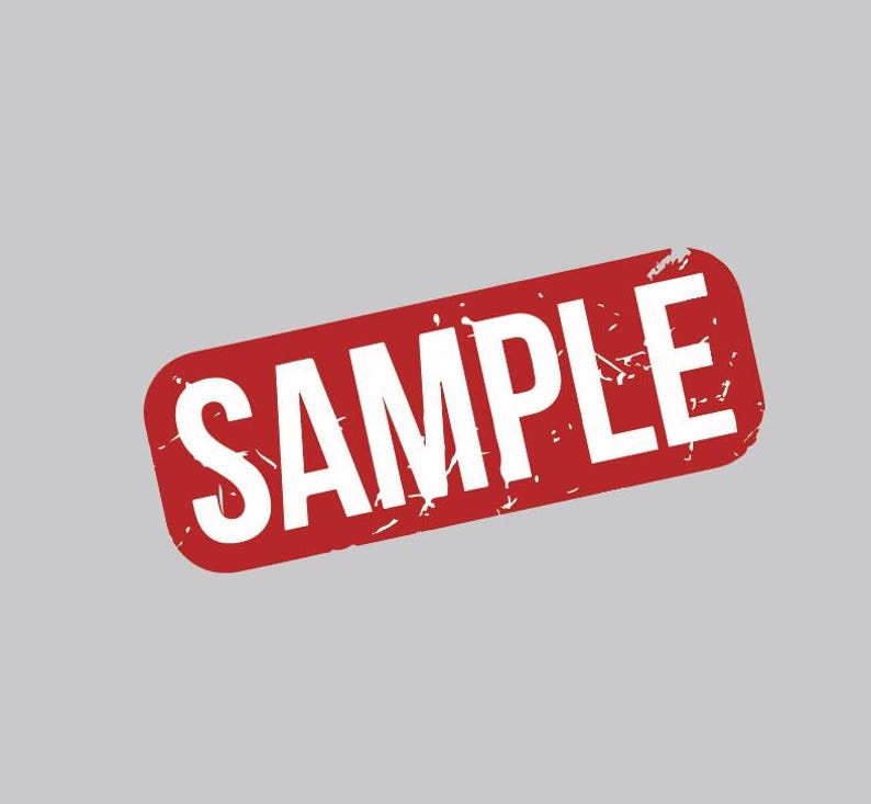 May include: A red rectangular stamp with rounded corners and the word "SAMPLE" in bold white letters. The stamp has a distressed, worn appearance, with white speckles and a textured surface. The background is a solid light gray.