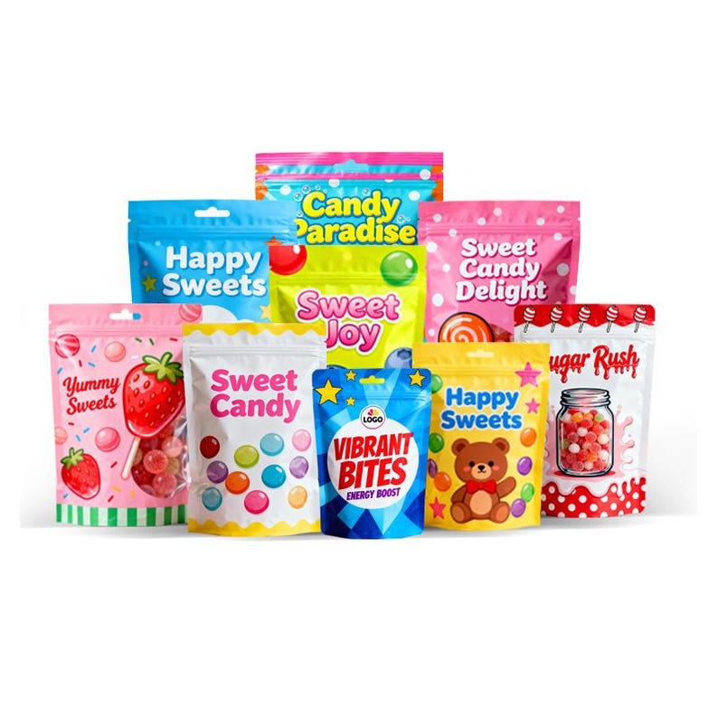 Peut inclure: Plusieurs sachets de bonbons color&eacute;s avec des motifs et des textes vari&eacute;s. Les sacs incluent "Happy Sweets", "Candy Paradise", "Sweet Joy", "Sweet Candy Delight", "Yummy Sweets", "Sweet Candy", "Vibrant Bites", "Happy Sweets" et "Sugar Rush".
