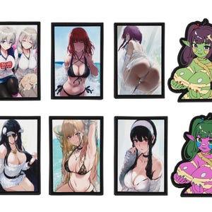 Może przedstawiać: Kolekcja ośmiu dzieł sztuki w stylu anime. Sześć to oprawione wydruki przedstawiające żeńskie postacie w różnych pozach i strojach. Dwa to wycięte naklejki postaci z anime o zielonej skórze i fioletowych włosach.