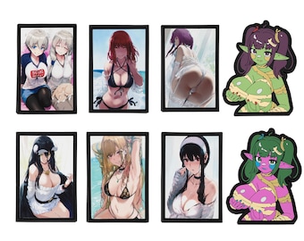 May include: A collection of eight anime-style art pieces. Six are framed prints featuring female characters in various poses and outfits. Two are die-cut stickers of a green-skinned, purple-haired anime character.