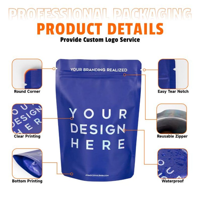 Peut inclure: Un sac d'emballage de produit bleu avec le texte "YOUR DESIGN HERE" en blanc. Comprend un coin arrondi, une encoche facile &agrave; d&eacute;chirer, une impression claire, une fermeture &eacute;clair r&eacute;utilisable, une impression inf&eacute;rieure et une conception &eacute;tanche.