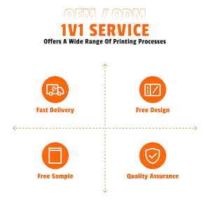 Peut inclure: Image avec des cercles orange et du texte blanc. Le texte indique "OEM / ODM 1V1 SERVICE Offre une large gamme de proc&eacute;d&eacute;s d'impression." Les ic&ocirc;nes repr&eacute;sentent "Livraison rapide", "Conception gratuite", "&Eacute;chantillon gratuit" et "Assurance qualit&eacute;."
