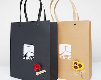 100-300pcs Custom Logo Paper Bags with Flower  Luxury Shopping Bags for Customer Gifts