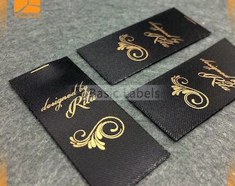 100 satin printed label, gold satin label, wash label printing , label clothing , clothes tags, woven tags