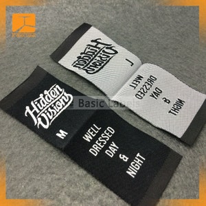 500 custom woven labels, clothing labels, custom woven clothing labels, center fold, end fold label