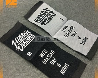 500 custom woven labels, clothing labels, custom woven clothing labels, center fold, end fold label