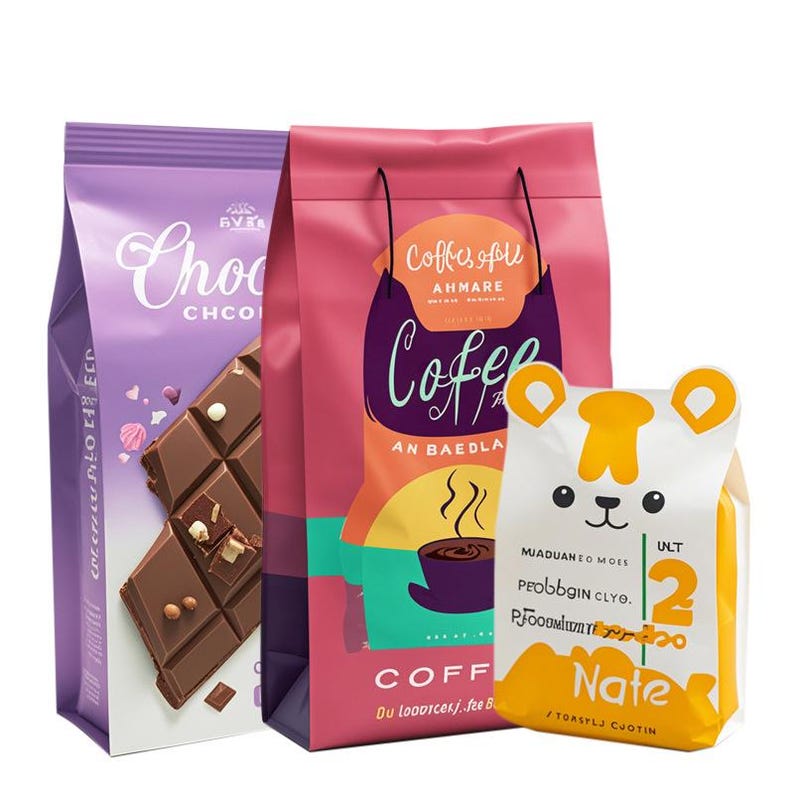Peut inclure: Trois sacs color&eacute;s de produits alimentaires. Un sac violet de chocolat avec le mot "Chocolate" et un graphique de barre chocolat&eacute;e. Un sac rose de caf&eacute; avec le mot "Coffee" et un graphique de tasse &agrave; caf&eacute;. Un sac blanc et jaune avec un graphique d'ours et le mot "Nate".