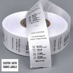 1000 fabric labels, Custom satin labels, Black Printed on white satin A Roll