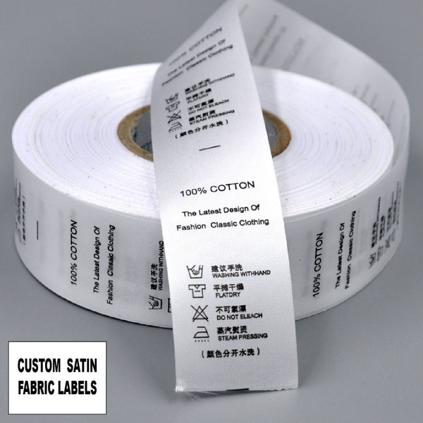 1000 fabric labels, Custom satin labels, Black Printed on white satin A Roll