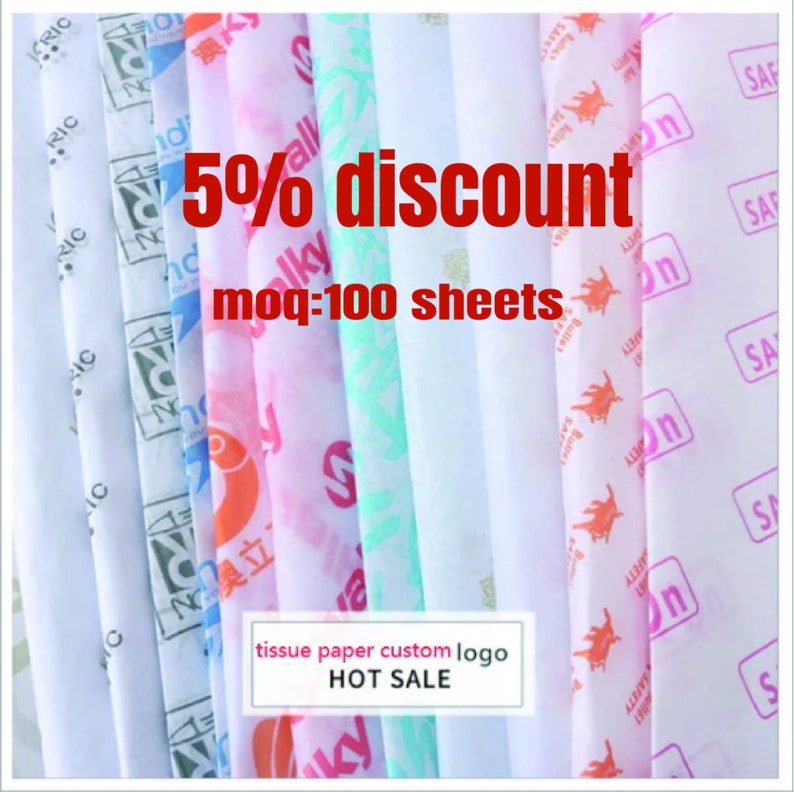 May include: Assortment of colorful tissue paper with various patterns and designs. The tissue paper is printed with different logos and text, including "moq:100 sheets" and "5% discount". The text "tissue paper custom logo HOT SALE" is also visible.