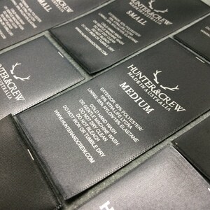 100 black satin labels, satin printed labels, satin labels