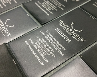 100 black satin labels, satin printed labels, satin labels