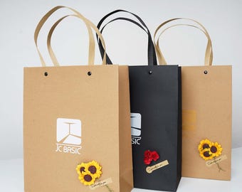 100-300pcs Custom Logo Paper Bags with Flower  Luxury Shopping Bags for Customer Gifts