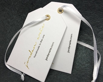 500 Custom Hang Tags - Gold Foil Tags with String, Swing Tags for Clothing, Durable Custom Clothing Hang Tags for Boutique & Retail Use