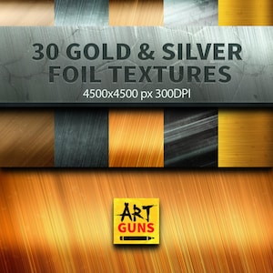 May include: Image showcasing 30 gold and silver foil textures. The textures are displayed in a grid pattern, with various metallic finishes. The image includes the text "30 Gold & Silver Foil Textures 4500x4500 px 300DPI" and a logo that says "Art Guns".