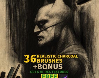 Pode incluir: Um desenho a carvão de Batman em perfil, com um fundo escuro. A imagem inclui o texto "36 Realistic Charcoal Brushes + Bonus" e "Get 6 Hi-Res Textures Free for Procreate."