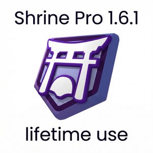 Op de afbeelding: Een 3D-weergave van een paars en wit logo met de tekst "Shrine Pro 1.6.1" erboven en "lifetime use" eronder. Het logo is een gestileerde Japanse torii-poort.
