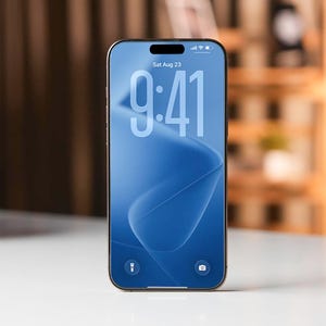 Puede incluir: Un smartphone con un fondo de pantalla abstracto azul y blanco que muestra la hora 9:41 el sábado 23 de agosto. El teléfono tiene un marco dorado y una muesca negra en la parte superior.