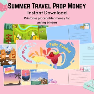 Può includere: Sfondo rosa con il testo "SUMMER TRAVEL PROP MONEY Instant Download Printable placeholder money for saving binders." L'immagine include illustrazioni di denaro segnaposto a tema viaggio, tra cui cartoline e disegni paesaggistici.