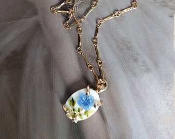 Pendant Necklace, Blue Flower Necklace, Vintage Jewelry, Gifts For Her,  Floral Necklace
