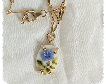 Boho Necklace, Floral Necklace,  Blue Flower Necklace, Vintage Jewelry, Gifts For Her