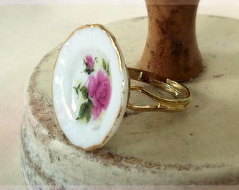 Boho English Rose Ring, Porcelain Ring, Shabby Chic Wedding, Bridal Jewelry