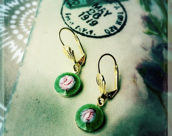 OOAK Vintage Earrings, Hand Painted Guilloche Enamel, Dark Green and Pink Rose Earrings, Vintage French Earrings