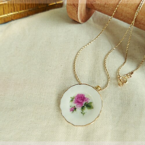 14K Gold Filled Necklace, Porcelain English shops Rose Necklace, Bridesmaid Jewelry