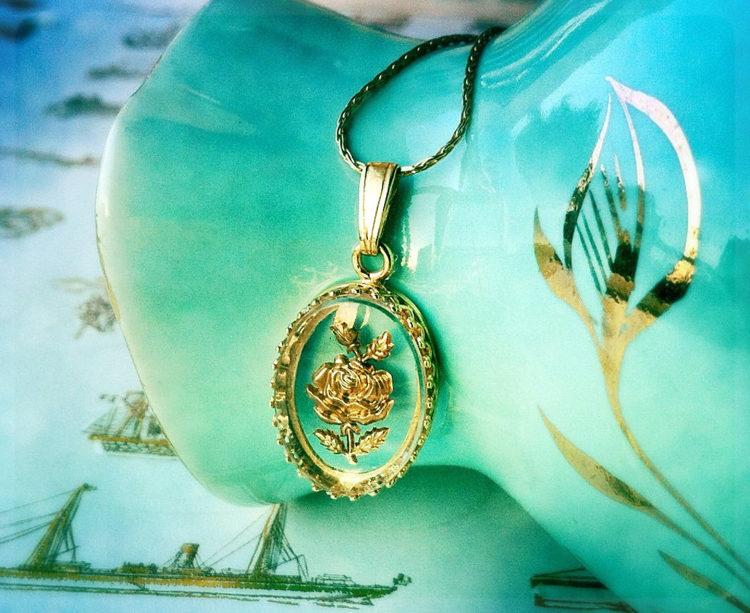 Vintage Style Necklace Engraved Rose Necklace 14k & 24k Gold Etsy