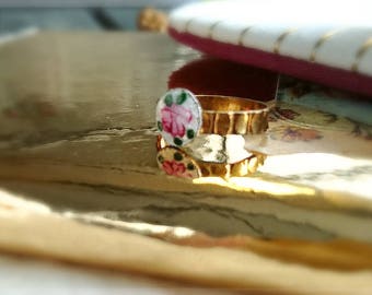 OOAK Romantic Ring, Hand Painted White Guilloche, Enamel Rose Ring