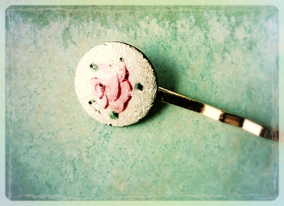 VINTAGE GUILLOCHE Cloisonné ENAMEL ROSE HAIR BARRETTES PINK WHITE Cloisonne | Accessories | Vintage Guilloche Cloisonn Enamel  main image 4