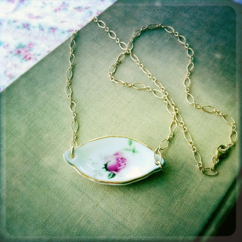 14K Gold Filled Necklace, Porcelain English shops Rose Necklace, Bridesmaid Jewelry