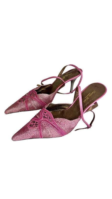 Escarpins Buccheri Cuir Cerise Métallisé - Taille 36.5, Talon Aiguille 9 Cm, Vintage Années 60 Neuf