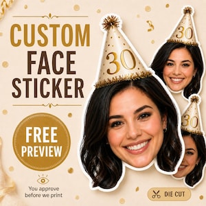 Personalisierte Face Sticker aus deinem Foto, matte Vinylfolie wasserfest konturgeschnitten, Partyhut mit Zahl, Geburtstag Hochzeit JGA