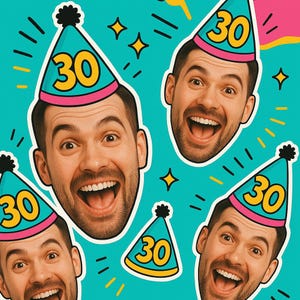 Può includere: Un motivo ripetuto del volto di un uomo con un cappello da festa turchese con il numero 30 in giallo. Lo sfondo è turchese con stelle e linee gialle.