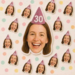 May include: A collection of smiling faces, some wearing party hats with the number "30". The central image is a large smiling face wearing a glittery pink party hat with the number "30". The background is a light beige with colourful polka dots.