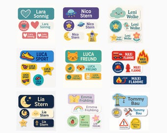 May include: A collection of colorful name labels with various designs. The labels feature names like "Lara Sonnig", "Nico Stern", "Leni Wolke", "Luca Sport", "Luca Freund", "Maxi Flamme", "Lia Stern", "Emma Frühling", and "Tommy Bau".