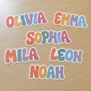 Può includere: Cinque adesivi fustellati con i nomi OLIVIA, EMMA, SOPHIA, MILA, LEON e NOAH. Ogni lettera è resa in un carattere grassetto, arrotondato e in stile bolla con una tavolozza multicolore che include tonalità arancione, giallo, verde acqua, blu e viola.