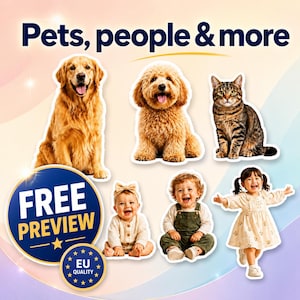 Può includere: Immagine promozionale con un golden retriever, un barboncino, un gatto tigrato e tre bambini. Il testo "Pets, people & more" è in alto. Un cerchio blu con "FREE PREVIEW" e "EU QUALITY" è in basso.