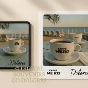 May include: Two white coffee cups with the "Caffè Nero" logo, filled with coffee, sit on saucers. One is in a framed image, the other on a table with a beach scene background. The word "Dolores" is written on the images.