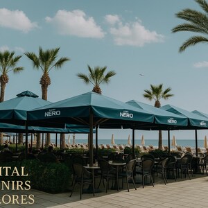 May include: Outdoor cafe with teal umbrellas and tables, under a bright blue sky with palm trees. The umbrellas have the words "Caffe Nero" printed on them. The cafe is near a beach with lounge chairs.