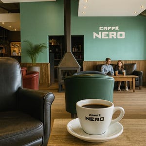 May include: A white coffee cup and saucer with the text "CAFFE NERO" sits on a wooden table. The cup is filled with dark coffee. The background features a cafe interior with seating and a wall with the same text.