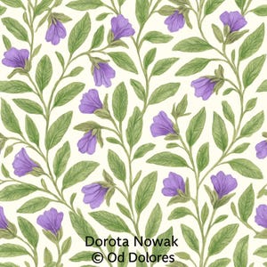 May include: A repeating pattern of purple flowers and green leaves on a cream background. The floral design includes the text "Dorota Nowak" and "© Od Dolores". The artwork has a watercolor style.